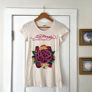 Ed Hardy T-shirt Size S Women's Y2K Cream Graphic Tee